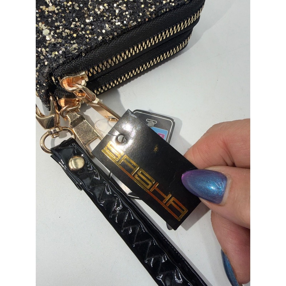 Sasha Handbags Black Gold Glitter Double Zip Wristlet Wallet Cell Phone Holder - Picture 6 of 8